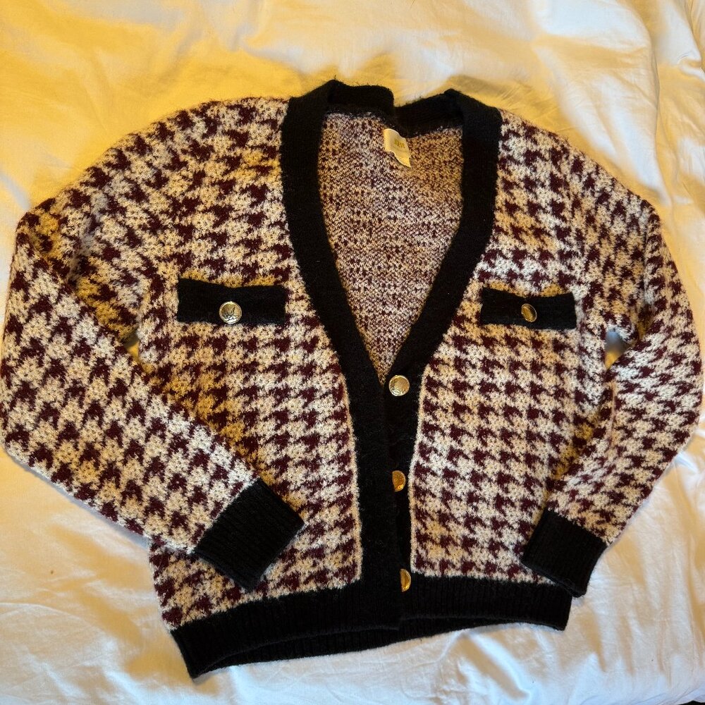 Maeve By Anthropologie Burgundy and White Houndstooth Knit Cardigan Size Small
